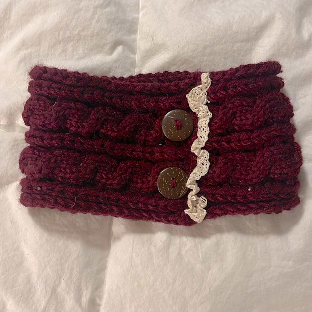 Maroon Crocheted Headband with lace and buttons.